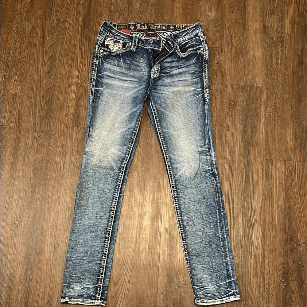 Rock Revival Blue Skinny Jeans with Distressed Vintage Look